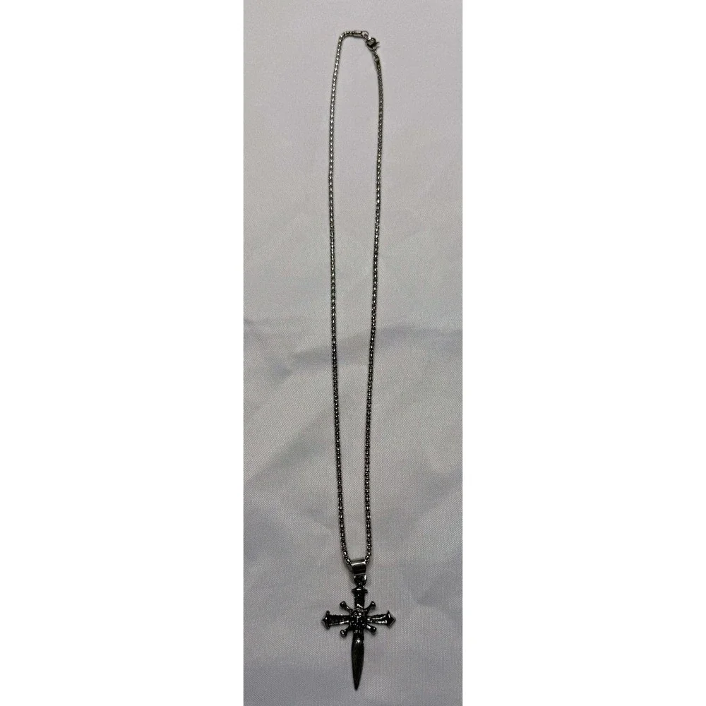 Gothic Dagger Cross Skull Pendant‎ Necklace Silver Tone Chain
